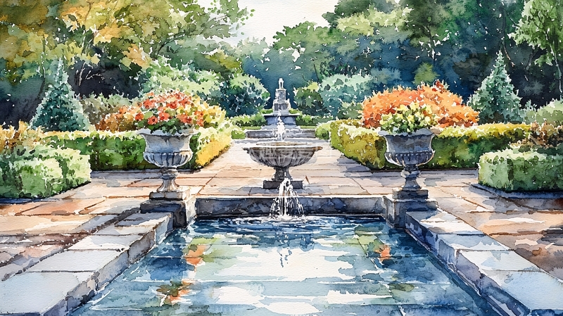 高清大图下载【趣麦麦图】水彩画花园喷泉