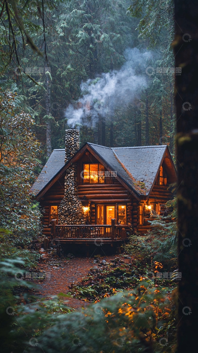高清大图下载【趣麦麦图】森林木屋夜晚灯光