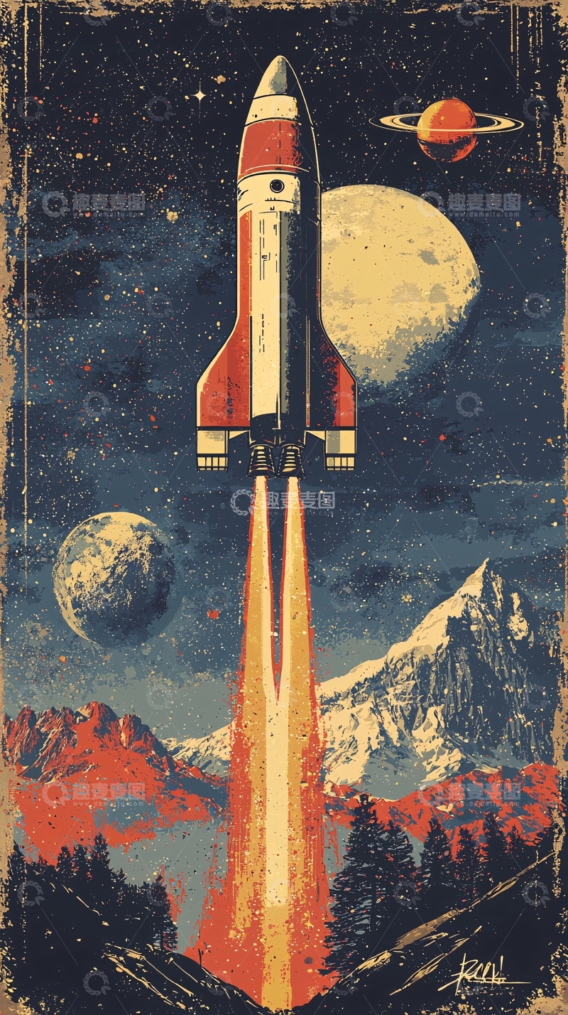 高清大图下载【趣麦麦图】复古太空火箭发射