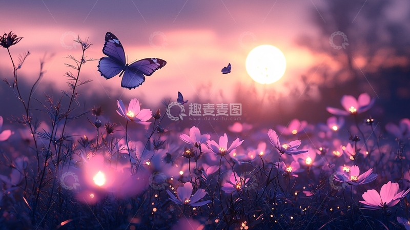 高清大图下载【趣麦麦图】夕阳下粉紫色花海蝴蝶