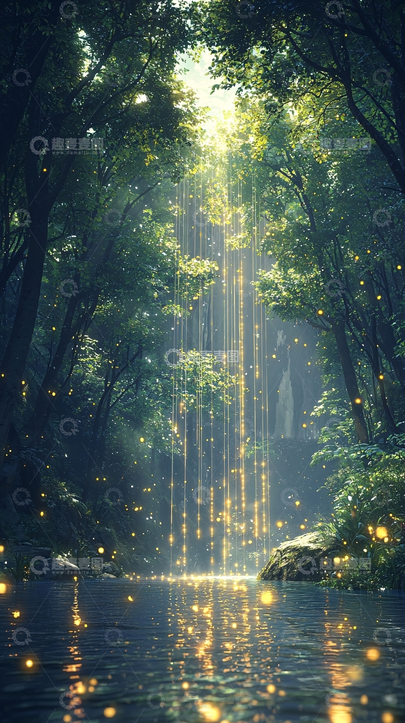 高清大图下载【趣麦麦图】萤火虫森林瀑布
