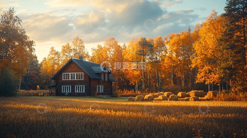 高清大图下载【趣麦麦图】秋日森林木屋黄昏
