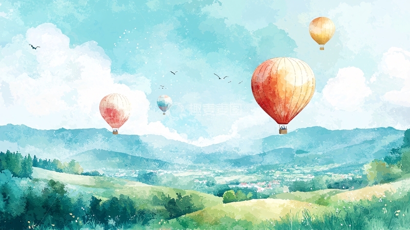 高清大图下载【趣麦麦图】水彩热气球风景画