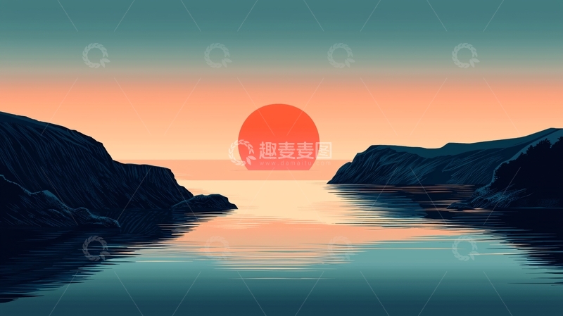 高清大图下载【趣麦麦图】日落海峡山峦剪影