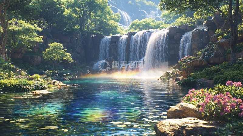 高清大图下载【趣麦麦图】阳光下的瀑布森林