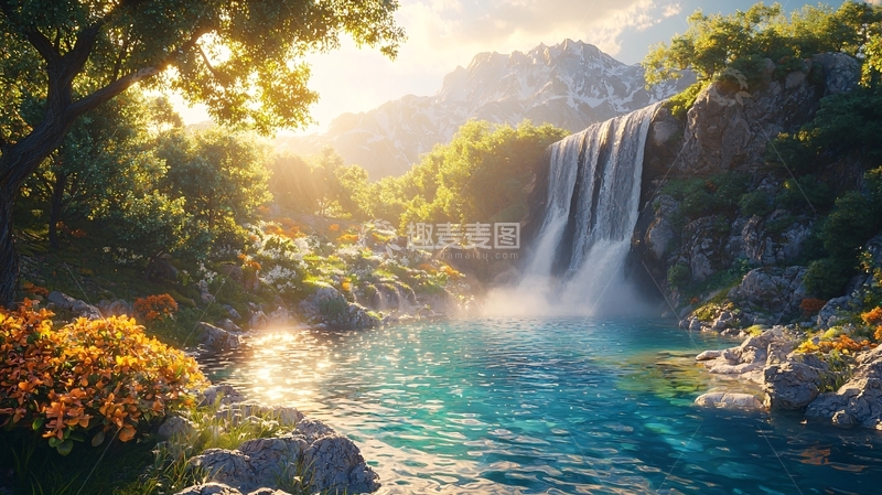 高清大图下载【趣麦麦图】阳光森林瀑布