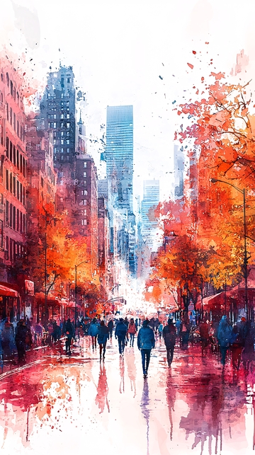 秋日纽约街景水彩画