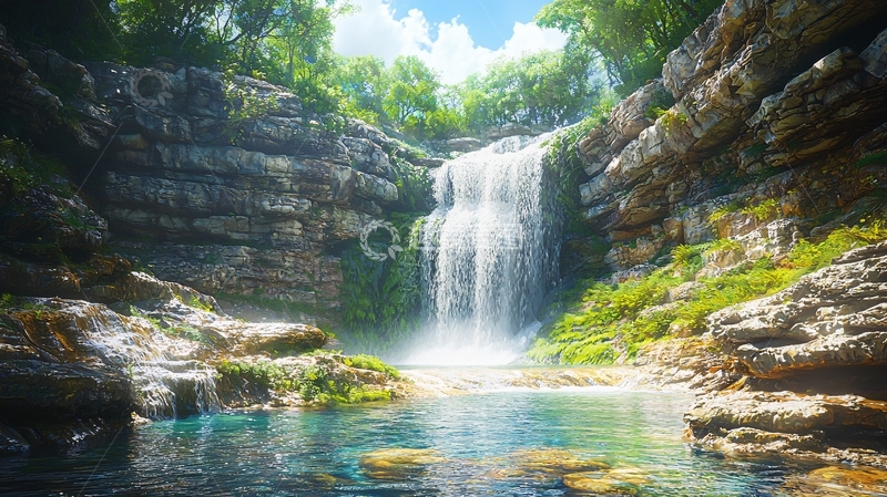 高清大图下载【趣麦麦图】阳光森林瀑布