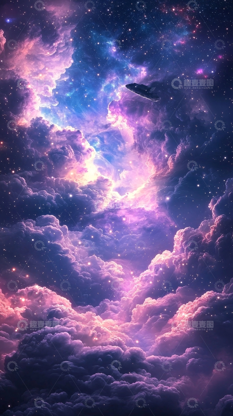 高清大图下载【趣麦麦图】宇宙飞船飞越梦幻星云