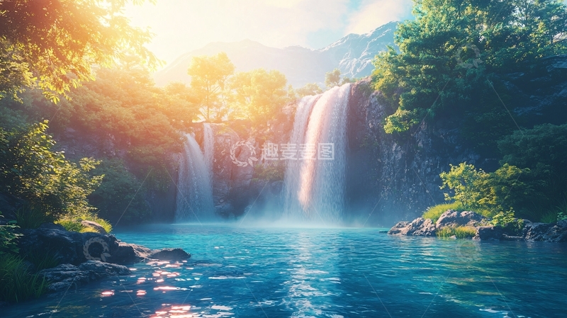 高清大图下载【趣麦麦图】阳光森林瀑布