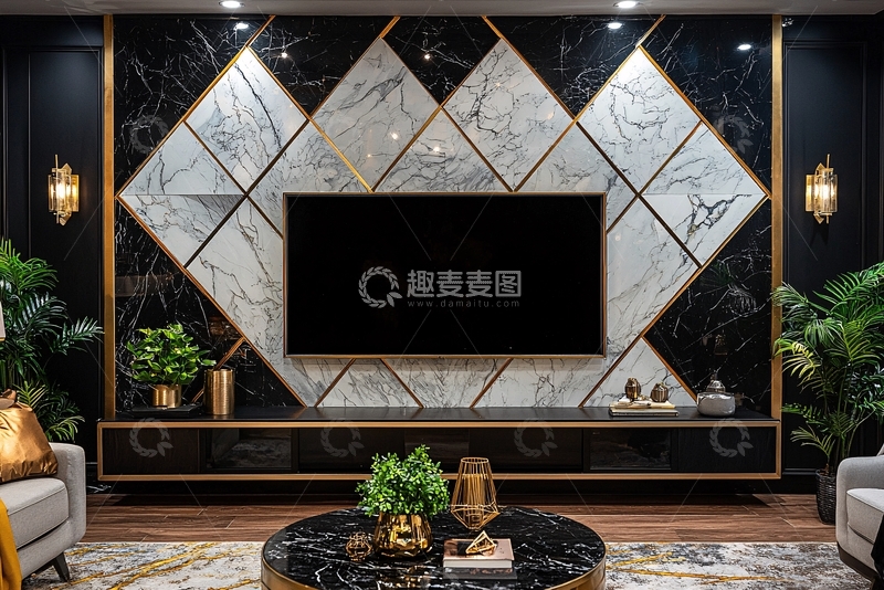 高清大图下载【趣麦麦图】黑金大理石电视背景墙