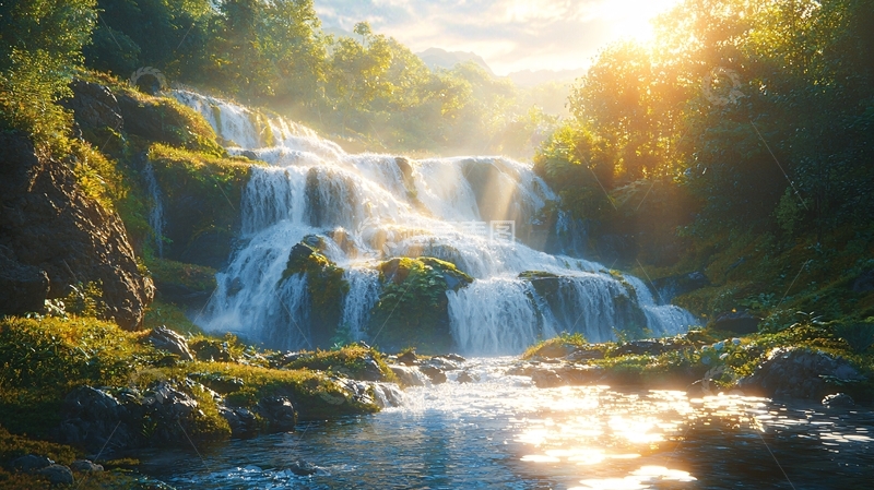 高清大图下载【趣麦麦图】阳光森林瀑布
