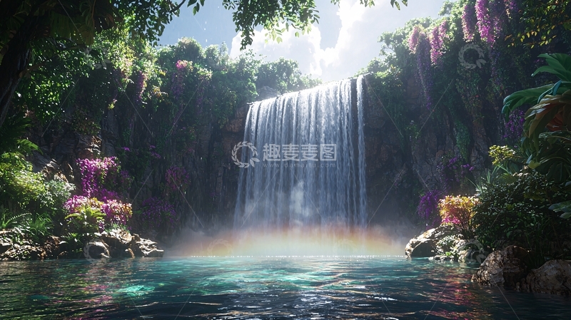 高清大图下载【趣麦麦图】热带雨林瀑布彩虹