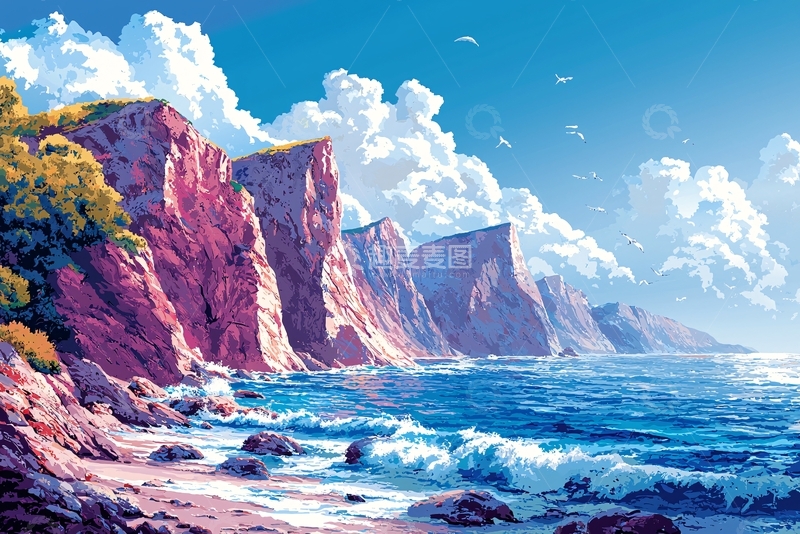 高清大图下载【趣麦麦图】海边悬崖峭壁风景画