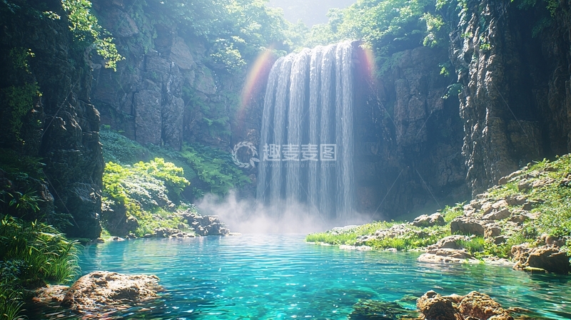 高清大图下载【趣麦麦图】清澈瀑布落入碧潭