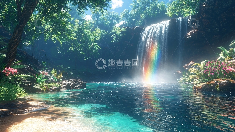 高清大图下载【趣麦麦图】热带雨林瀑布彩虹