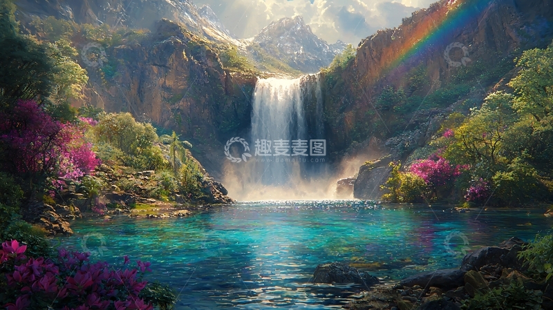 高清大图下载【趣麦麦图】梦幻彩虹瀑布仙境