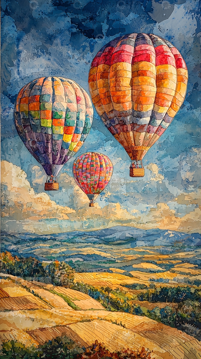 高清大图下载【趣麦麦图】热气球风景画