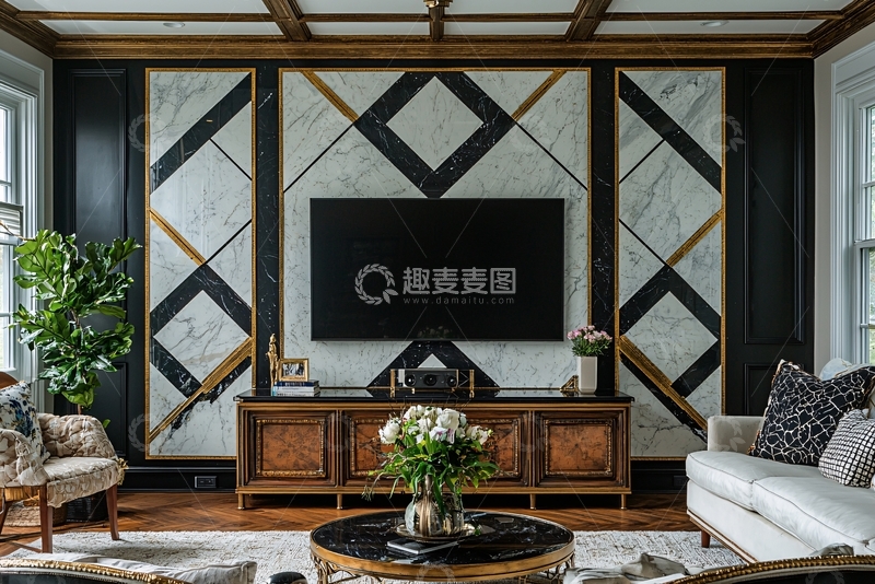 高清大图下载【趣麦麦图】黑白几何大理石电视背景墙