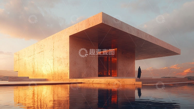 高清大图下载【趣麦麦图】日落时分沙漠中的现代建筑