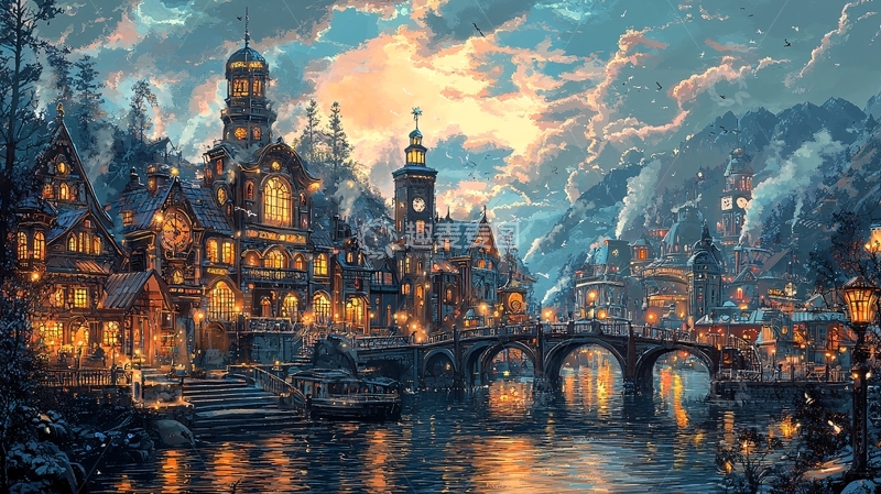 高清大图下载【趣麦麦图】冬日雪景小镇夜景