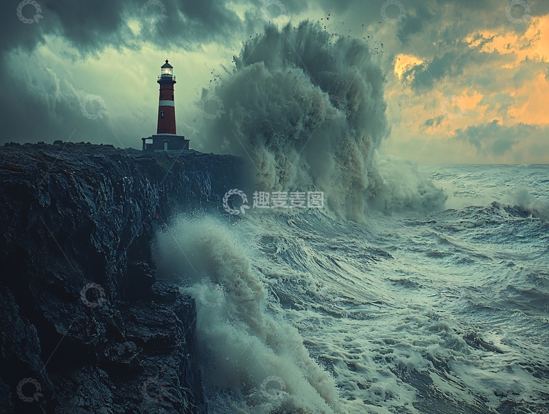 高清大图下载【趣麦麦图】海边灯塔巨浪拍岸