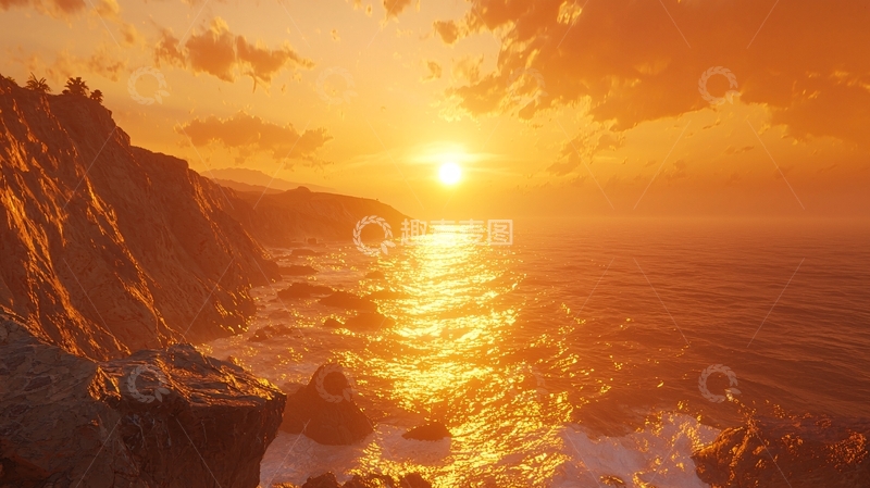 高清大图下载【趣麦麦图】温暖的金色夕阳下的海边岩石