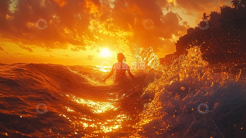 高清大图下载【趣麦麦图】夕阳西下海浪人影