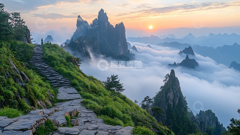 高清大图下载【趣麦麦图】山间栈道云海日出