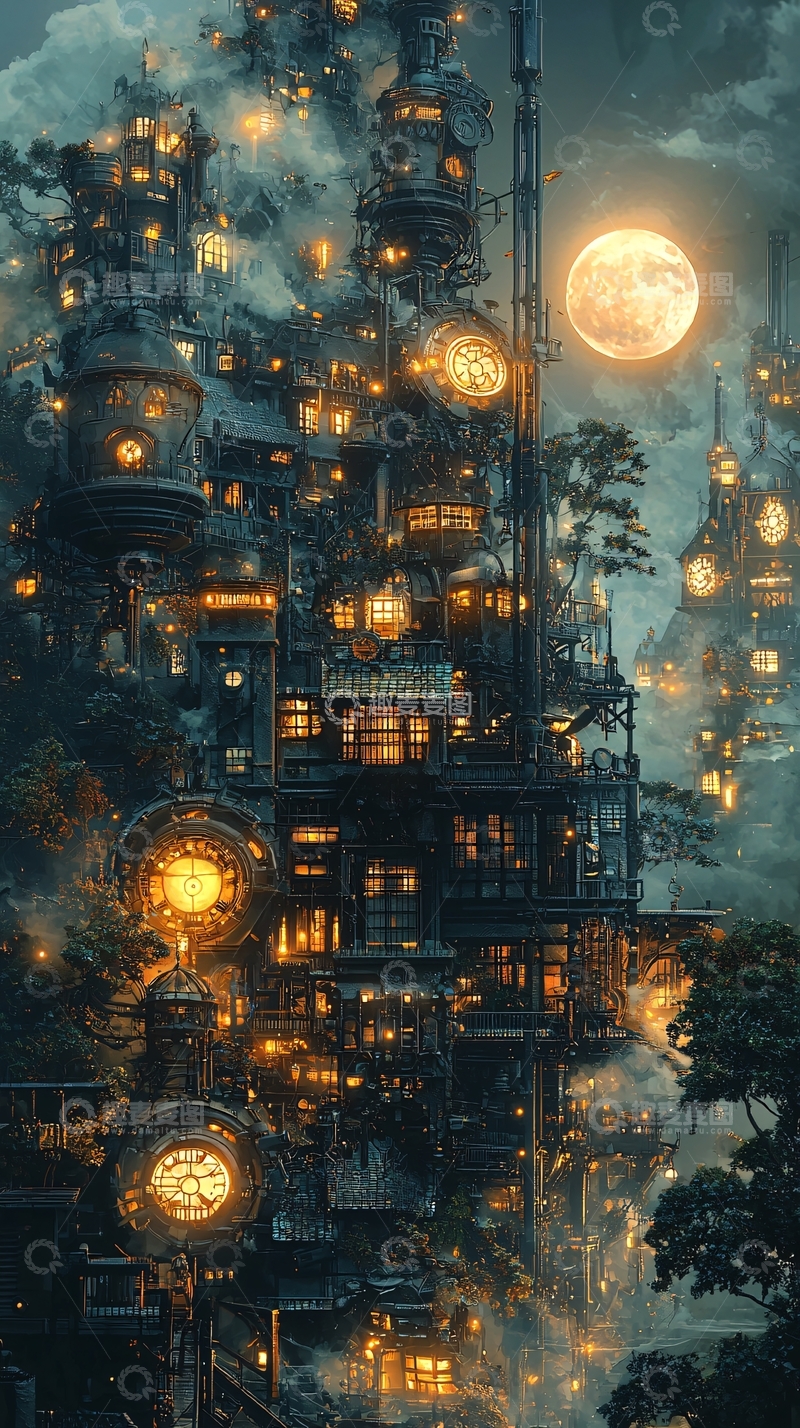 高清大图下载【趣麦麦图】蒸汽朋克风格的山城夜景