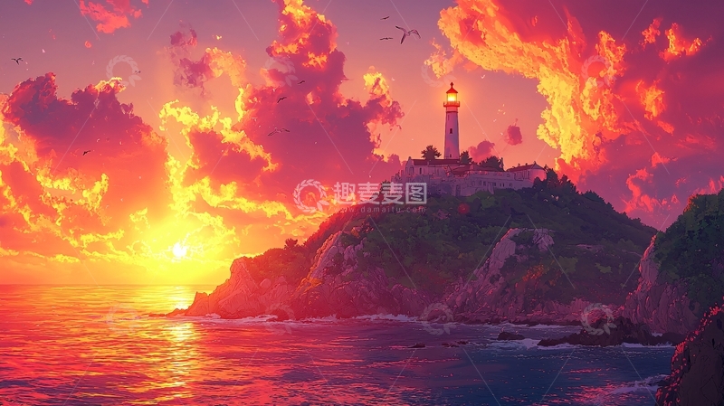 高清大图下载【趣麦麦图】日落海景灯塔