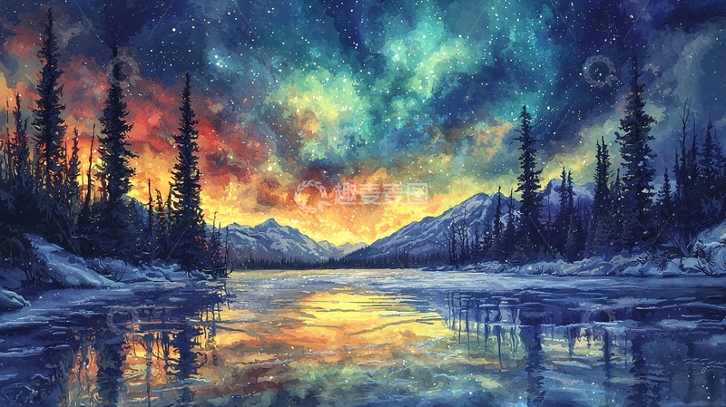 高清大图下载【趣麦麦图】极光雪山湖泊夜景