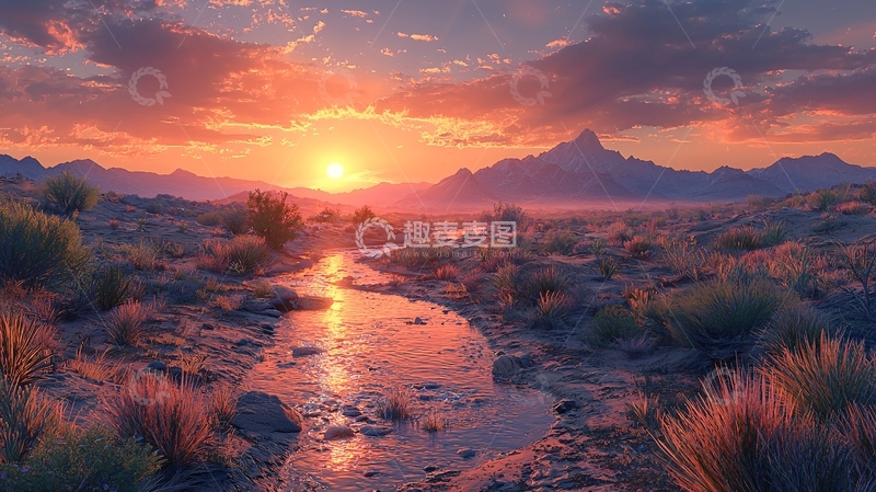 高清大图下载【趣麦麦图】夕阳西下沙漠河流
