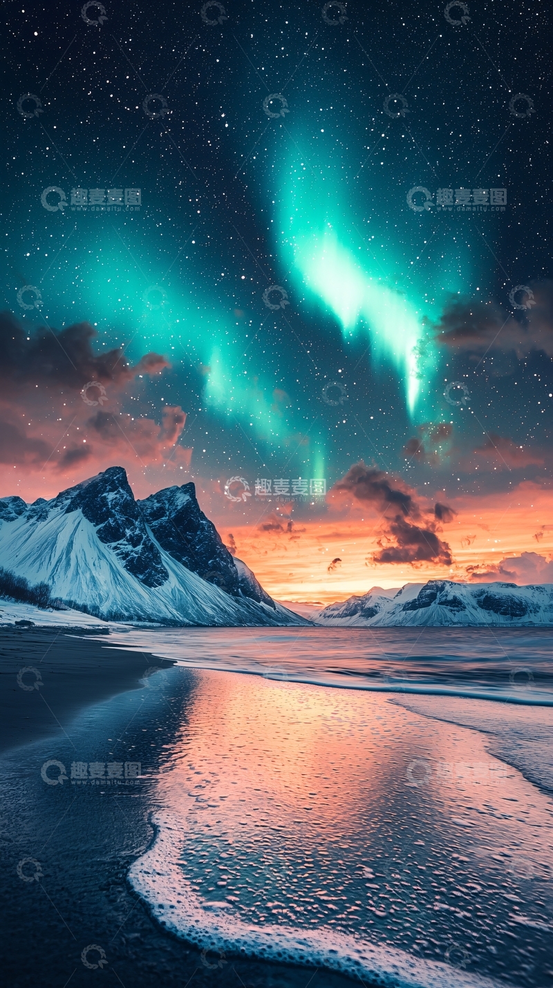 高清大图下载【趣麦麦图】极光下的雪山海滩