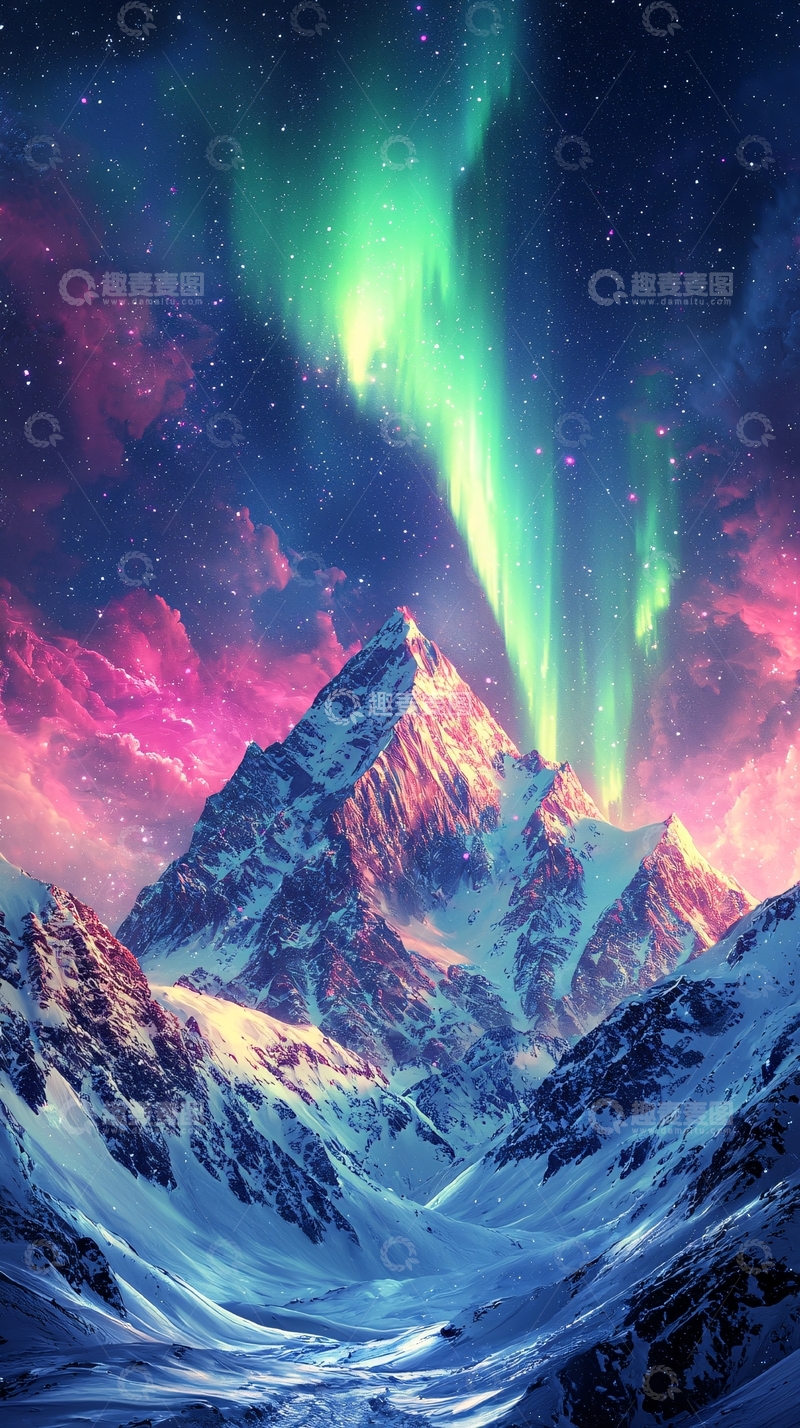 高清大图下载【趣麦麦图】极光下的雪山