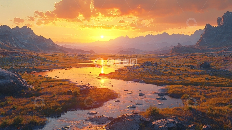 高清大图下载【趣麦麦图】夕阳西下山河壮丽