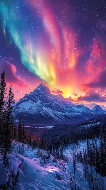 极光山峰雪景