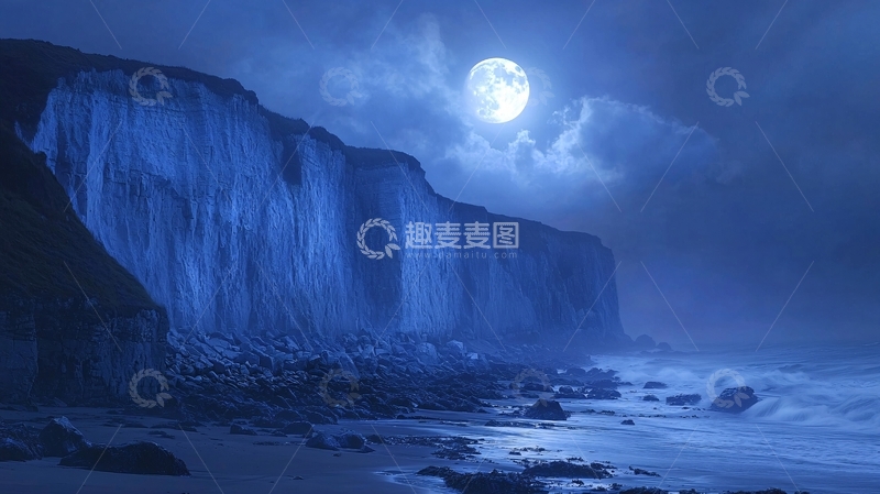 高清大图下载【趣麦麦图】月光下的悬崖瀑布