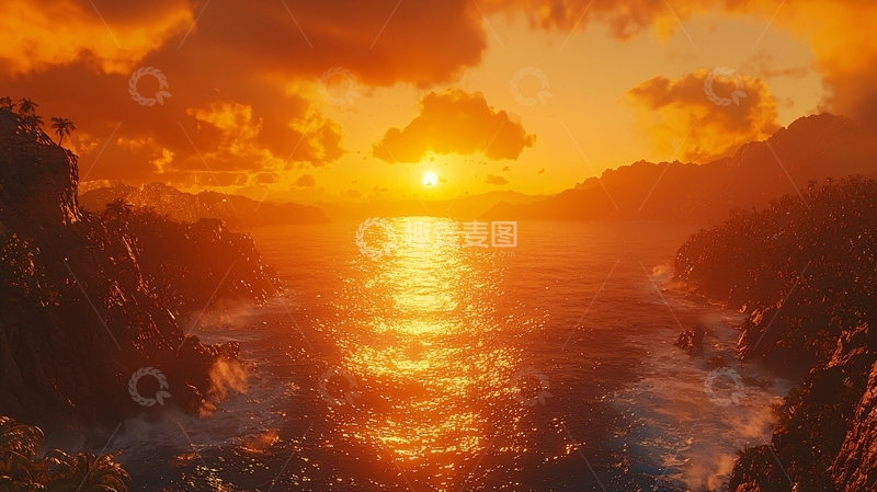 高清大图下载【趣麦麦图】燃烧的落日海景
