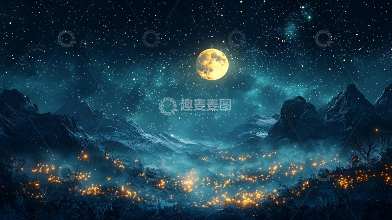 高清大图下载【趣麦麦图】月光下的雪山小镇