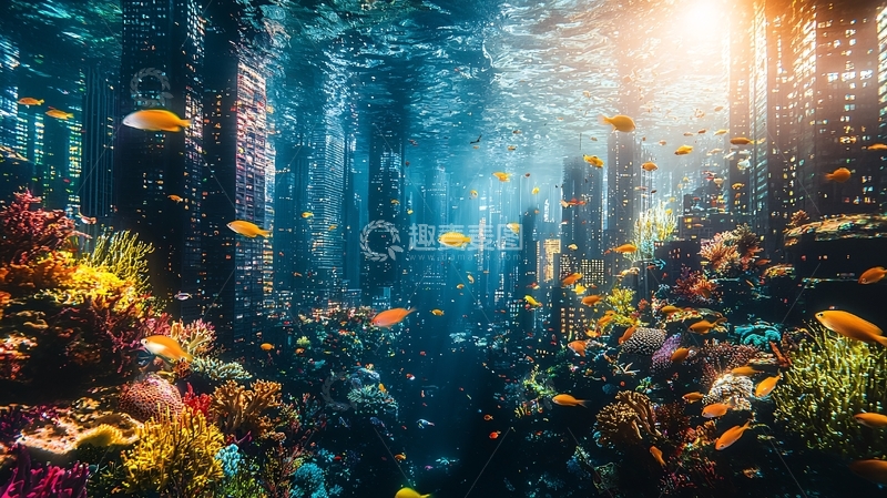 高清大图下载【趣麦麦图】海底珊瑚礁鱼群阳光