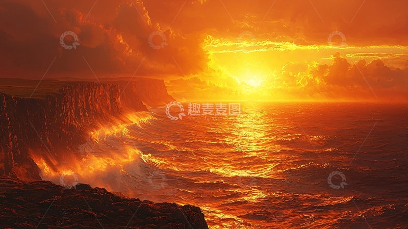 高清大图下载【趣麦麦图】火红的日落海景