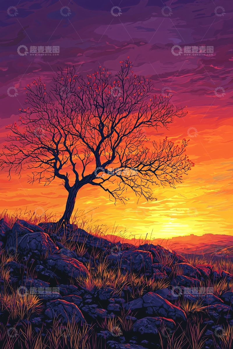 高清大图下载【趣麦麦图】孤树夕阳剪影
