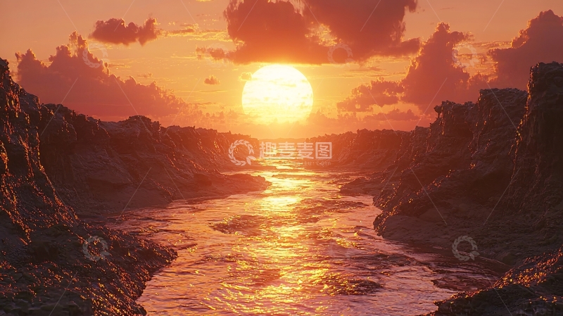 高清大图下载【趣麦麦图】落日余晖下的峡谷河流