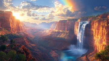 彩虹瀑布日落峡谷