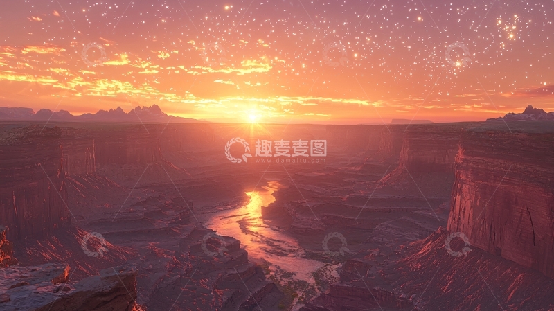 高清大图下载【趣麦麦图】峡谷日落星空