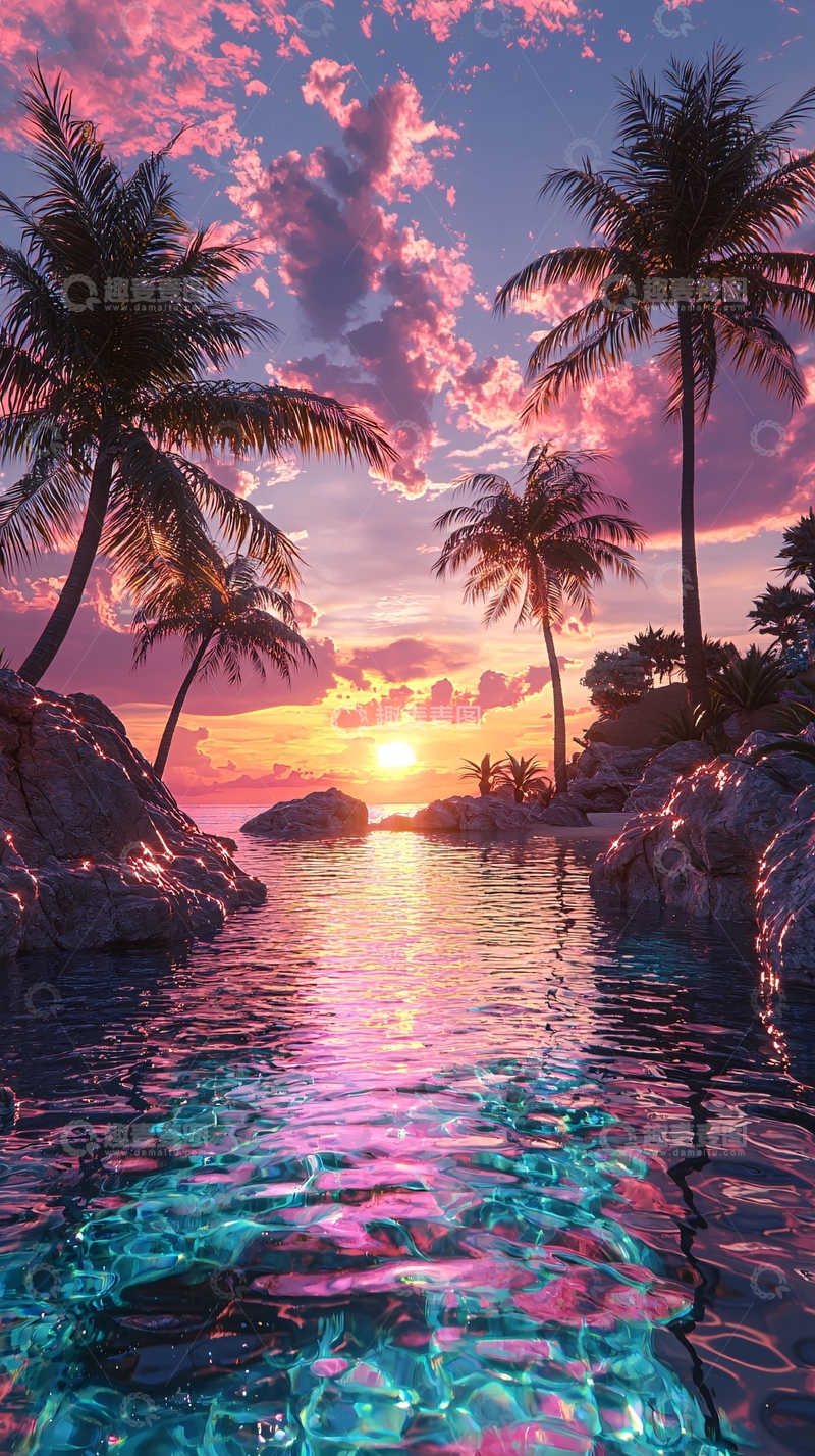 高清大图下载【趣麦麦图】粉色天空椰树海滩日落