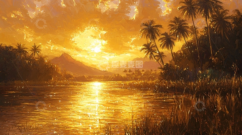 高清大图下载【趣麦麦图】热带日落湖泊风景画