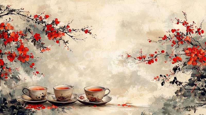 高清大图下载【趣麦麦图】水墨写意红花茶杯