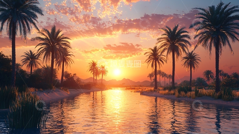 高清大图下载【趣麦麦图】棕榈树下的日落美景